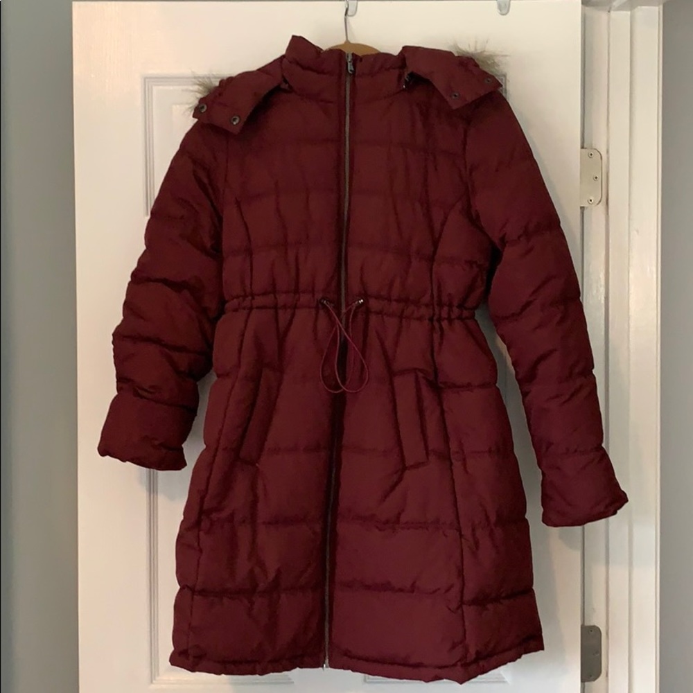 Faux fur trimmed maternity hooded coat
